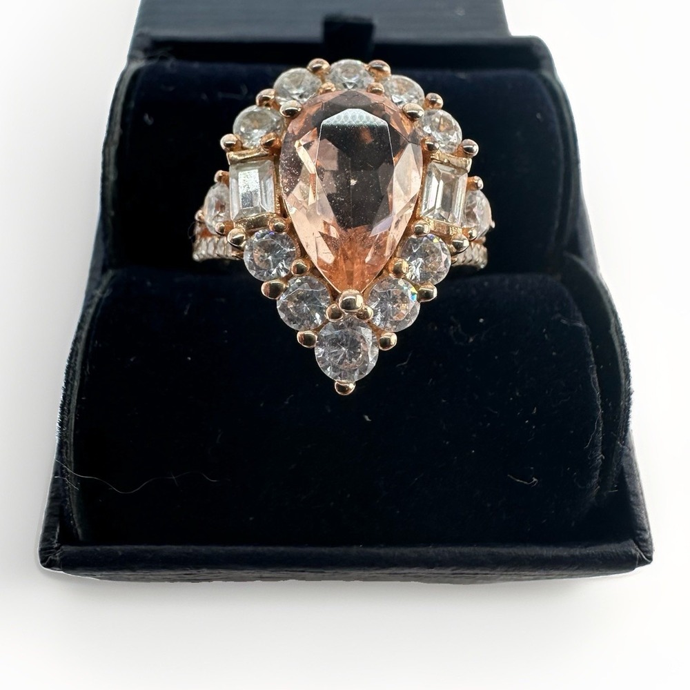 925 Sterling Silver Rose Gold Tone Peach Teardrop Halo Ring Size 7